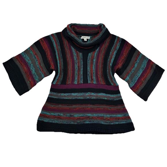 Coldwater Creek Sweater M Multicolor Stripe Knit Cowl Neck 3/4 Sleeve Tunic Boho - Picture 1 of 7